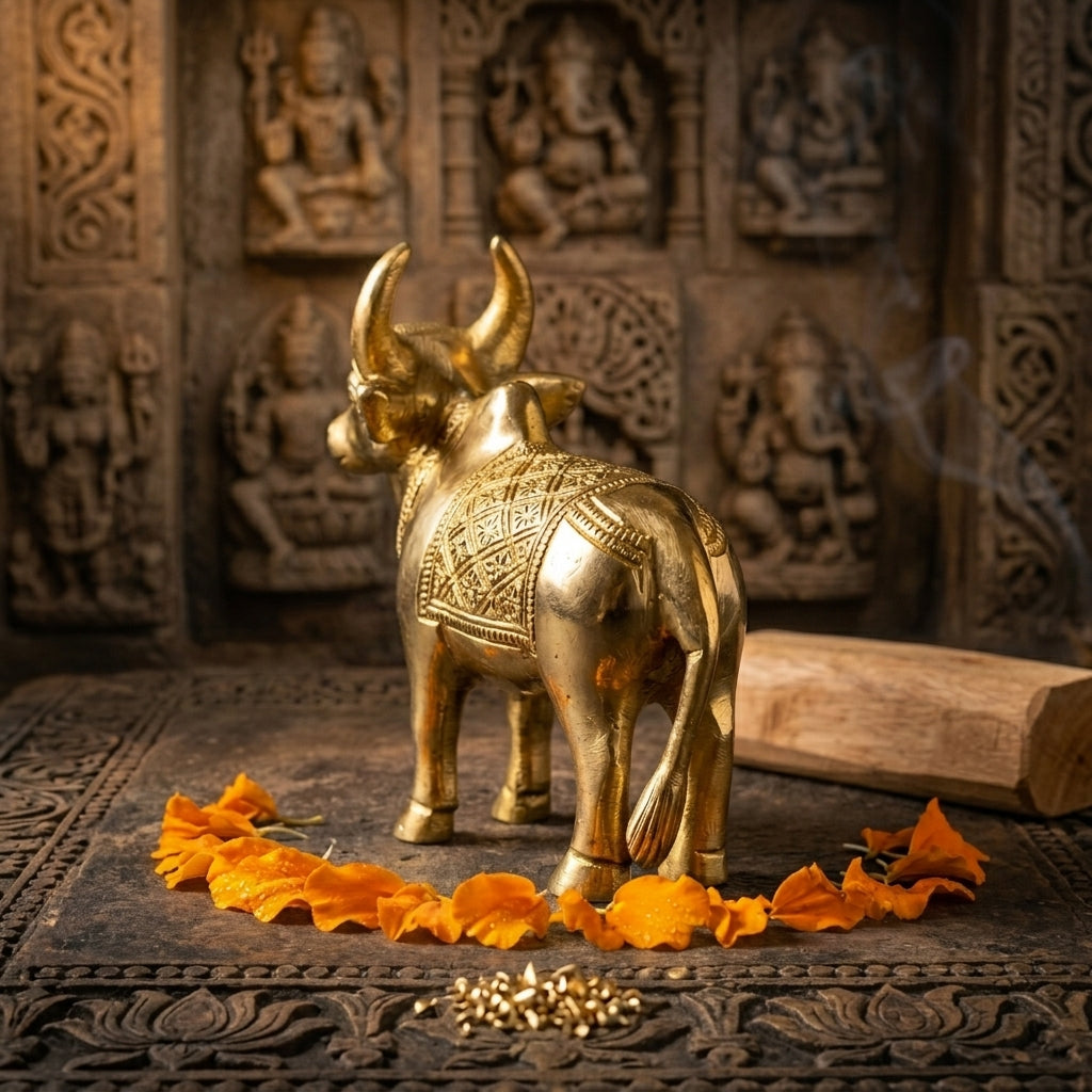 Svarn Studio Handcrafted Brass Cow Figurine — Kamdhenu-Inspired Décor Piece , Length 16 cm × Height 14 cm × Breadth 6 cm, Weight: 1.100 kg
