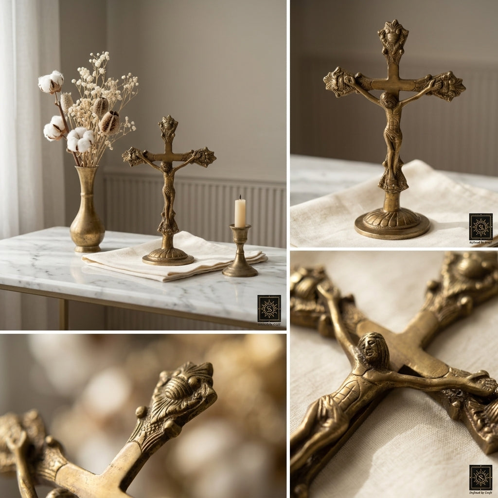 Svarn Studio Brass Jesus Christ Crucifix | Antique Gold | 11 Inch Standing Cross