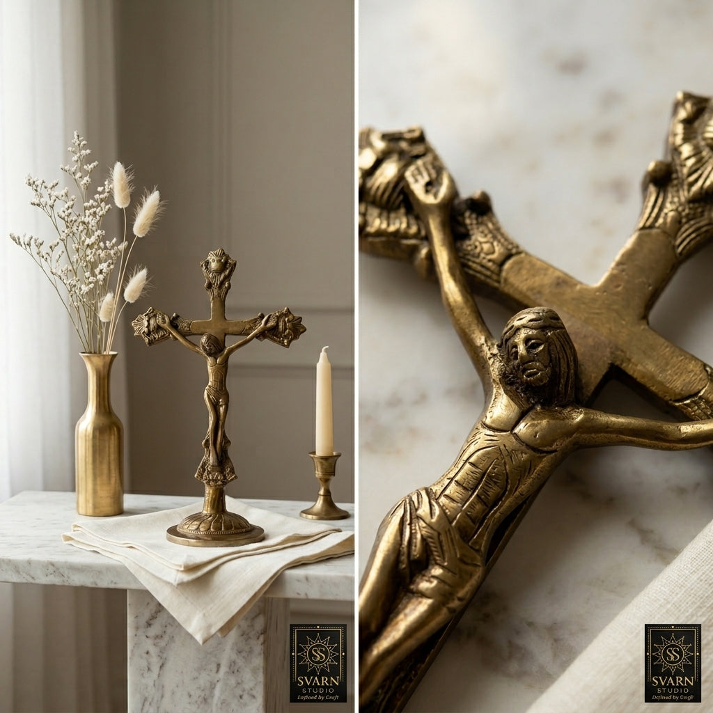 Svarn Studio Brass Jesus Christ Crucifix | Antique Gold | 11 Inch Standing Cross