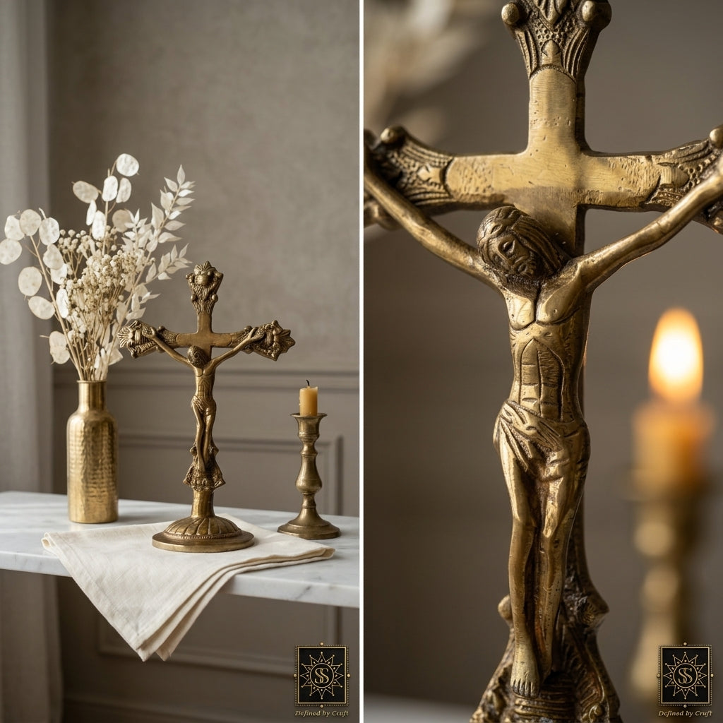 Svarn Studio Brass Jesus Christ Crucifix | Antique Gold | 11 Inch Standing Cross
