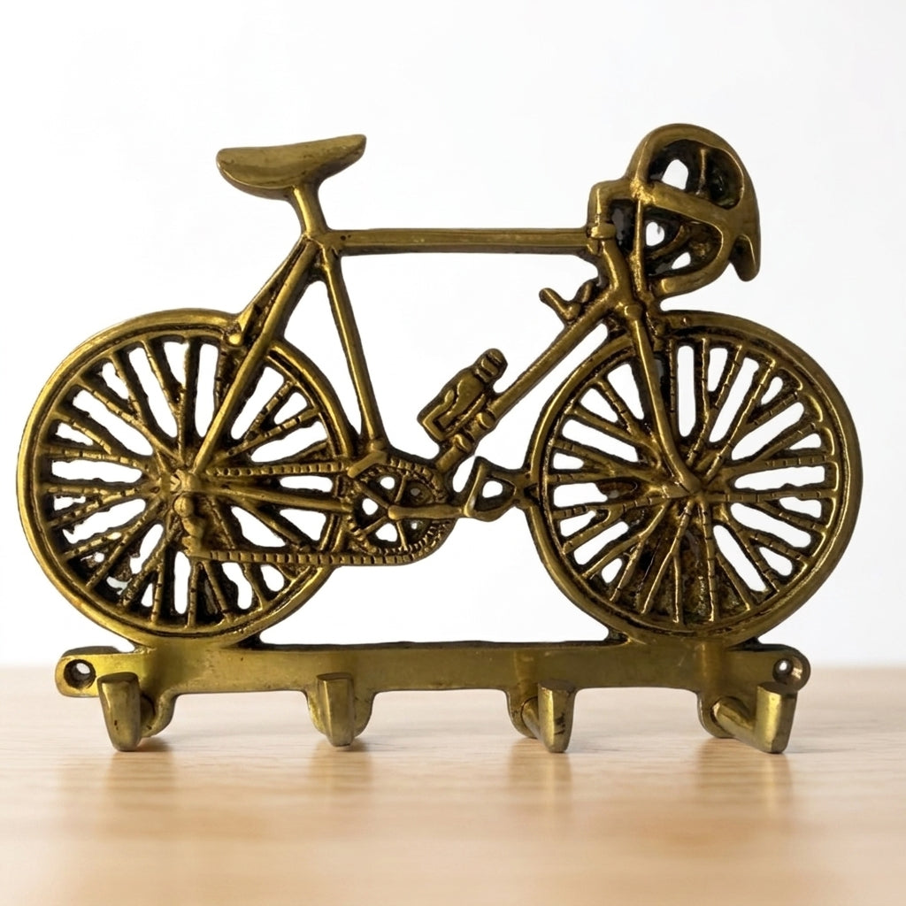 Svarn Studio Brass Vintage Racing Bicycle Key Holder | Wall Hook | Antique Gold | 18 cm | 4 Hooks