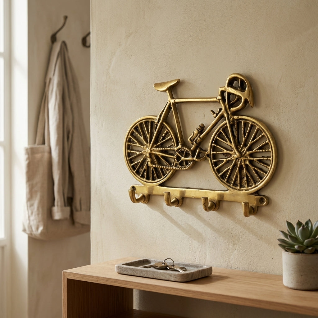 Svarn Studio Brass Vintage Racing Bicycle Key Holder | Wall Hook | Antique Gold | 18 cm | 4 Hooks