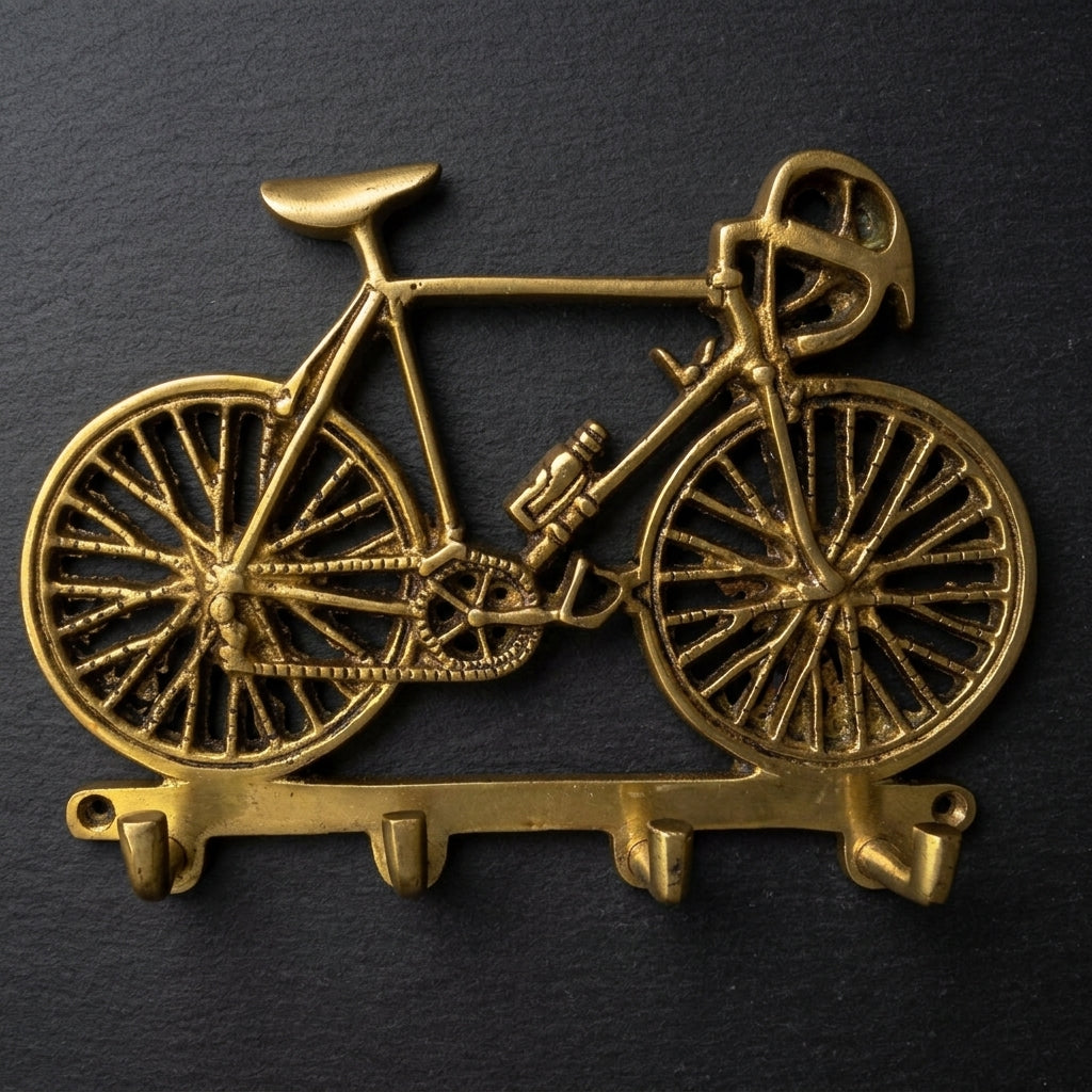 Svarn Studio Brass Vintage Racing Bicycle Key Holder | Wall Hook | Antique Gold | 18 cm | 4 Hooks