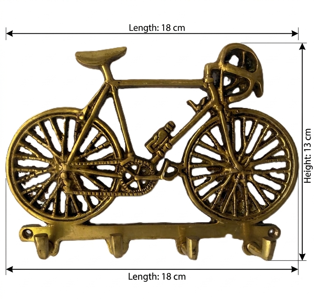 Svarn Studio Brass Vintage Racing Bicycle Key Holder | Wall Hook | Antique Gold | 18 cm | 4 Hooks