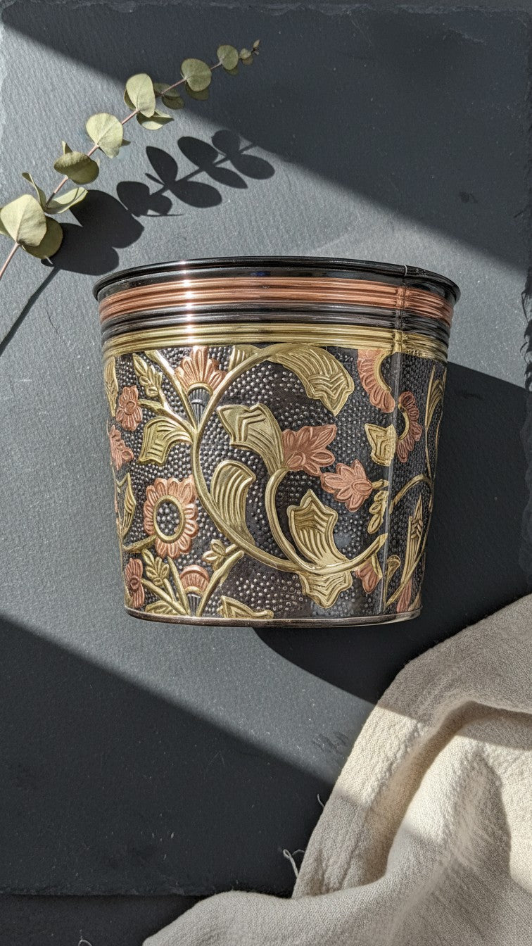 Svarn Studio pure brass decorative planter handcrafted hammered floral design antique finish 9.5x11 inch home decor