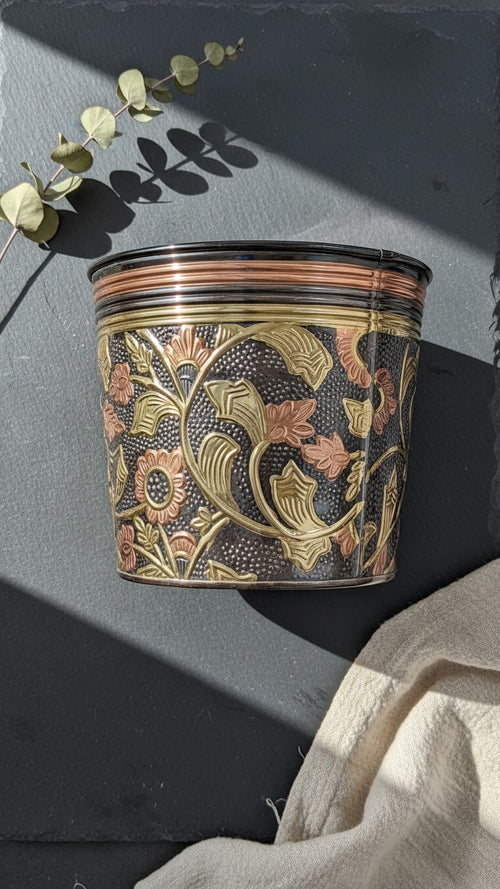 Svarn Studio pure brass decorative planter handcrafted hammered floral design antique finish 9.5x11 inch home decor