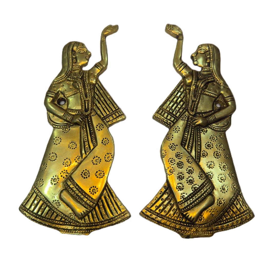 Svarn Studio Brass Dancing Lady Wall Décor — Handcrafted Antique Gold, Traditional Indian Style (Set of 2)