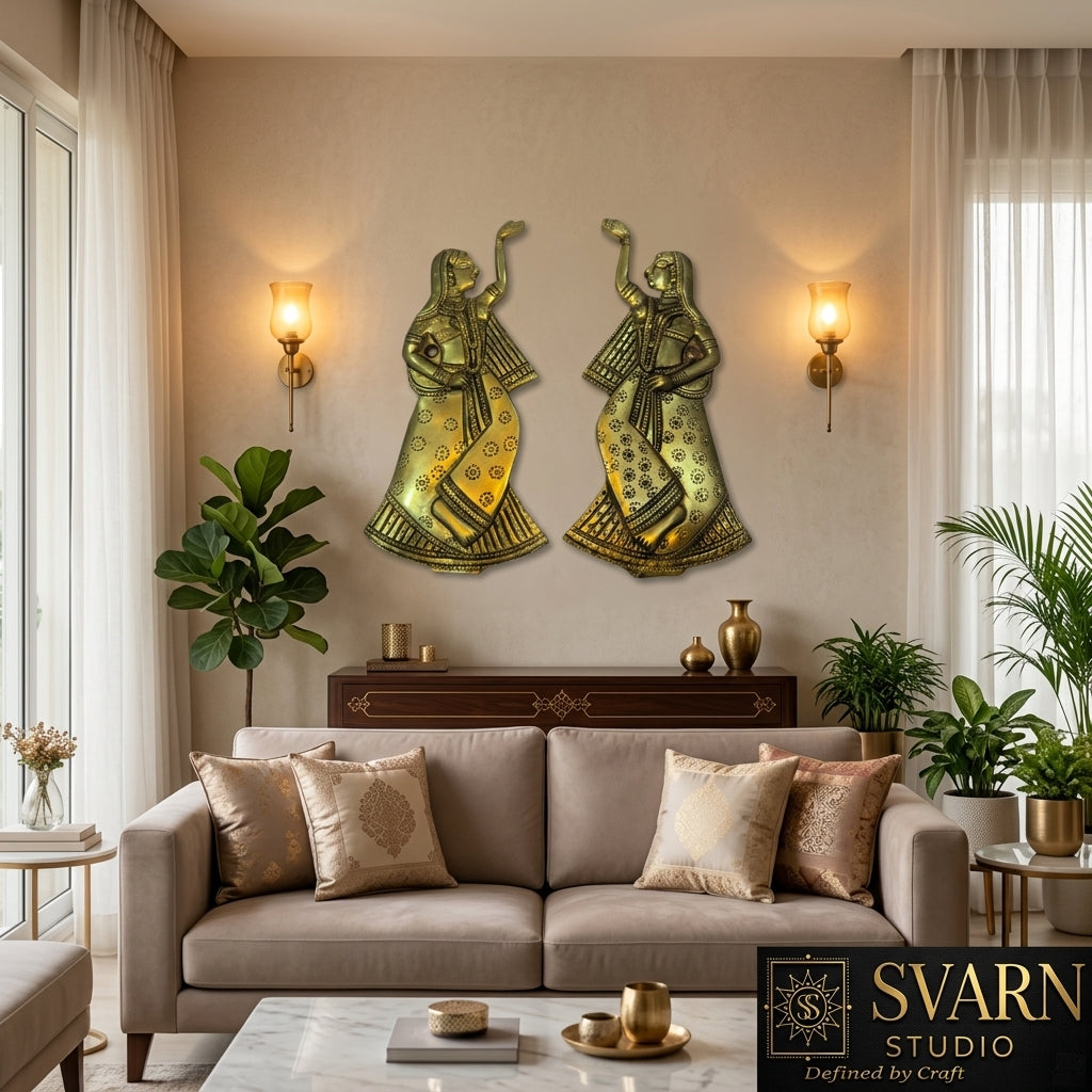 Svarn Studio Brass Dancing Lady Wall Décor — Handcrafted Antique Gold, Traditional Indian Style (Set of 2)