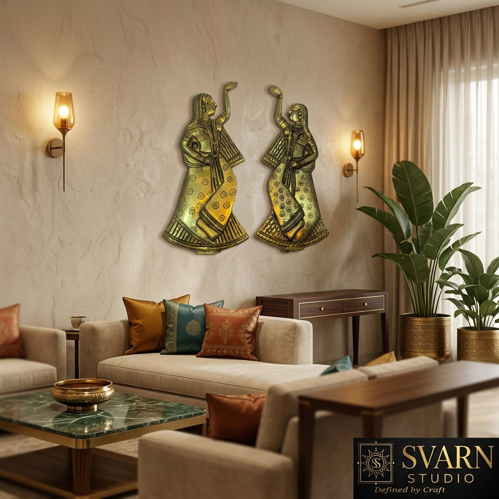 Svarn Studio Brass Dancing Lady Wall Décor — Handcrafted Antique Gold, Traditional Indian Style (Set of 2)