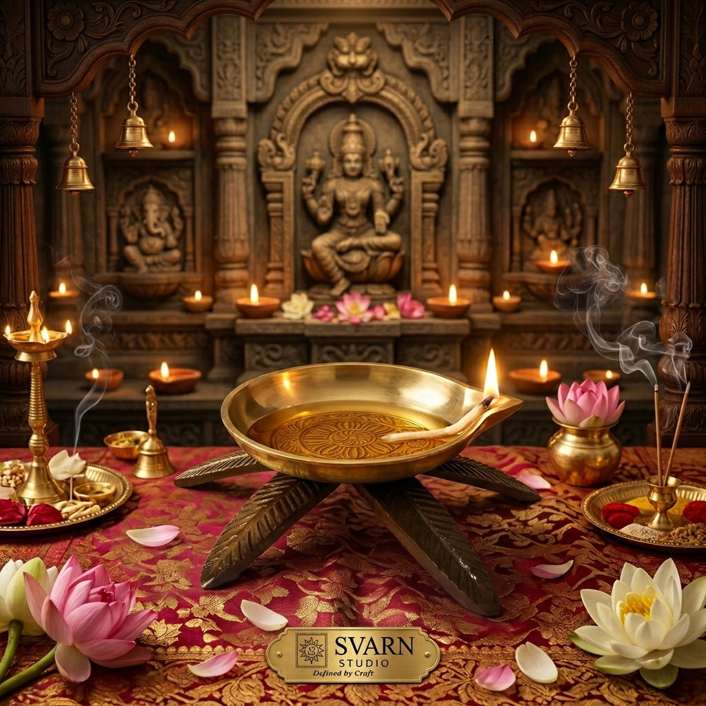 Svarn Studio Brass Tortoise Deepak | Handcrafted Solid Brass Diya on Tortoise Leaf Base | Antique Gold Finish Puja Lamp for Home Mandir, Diwali Décor & Gifting