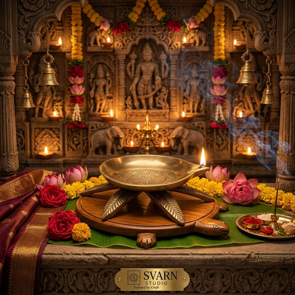 Svarn Studio Brass Tortoise Deepak | Handcrafted Solid Brass Diya on Tortoise Leaf Base | Antique Gold Finish Puja Lamp for Home Mandir, Diwali Décor & Gifting