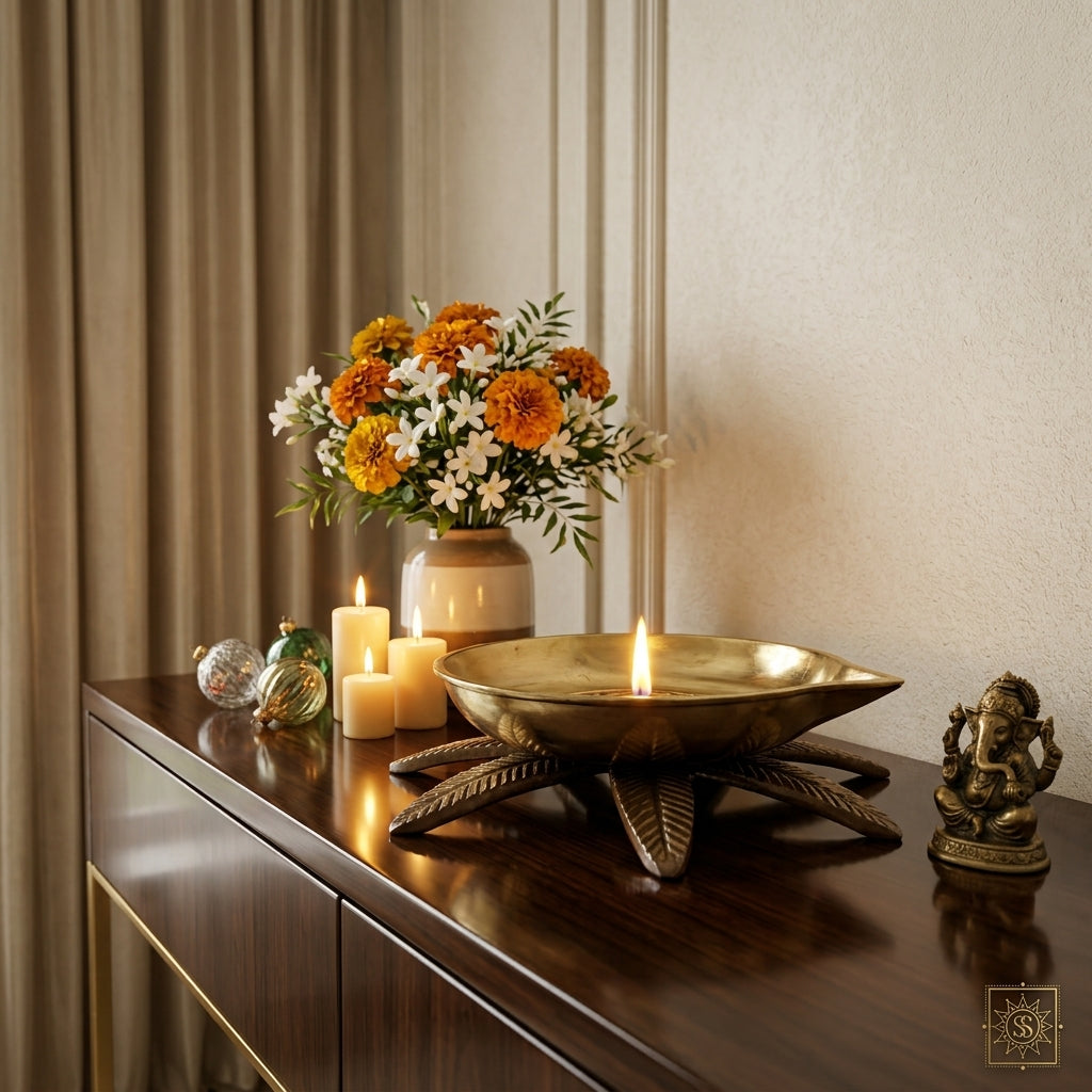 Svarn Studio Brass Tortoise Deepak | Handcrafted Solid Brass Diya on Tortoise Leaf Base | Antique Gold Finish Puja Lamp for Home Mandir, Diwali Décor & Gifting
