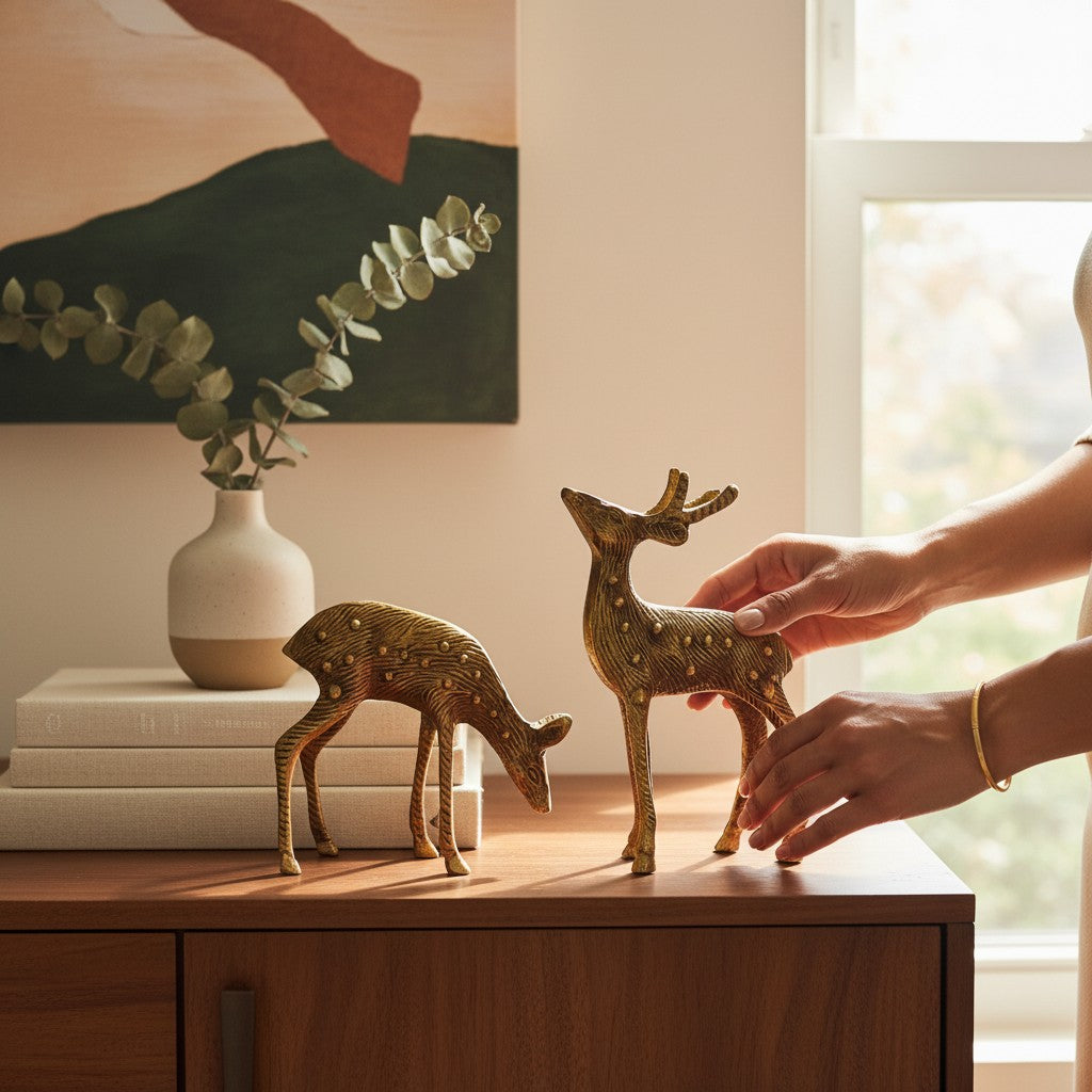Svarn Studio pure brass deer pair showpiece handcrafted antique finish set of 2 deer figurines home decor