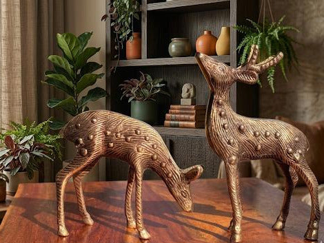 Svarn Studio pure brass deer pair showpiece handcrafted antique finish set of 2 deer figurines home decor