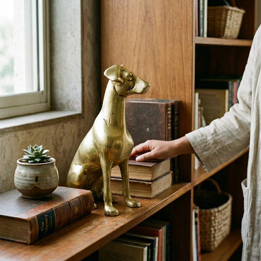 Svarn Studio Brass Dog Figurine | Sitting Greyhound | Antique Gold | 19 cm