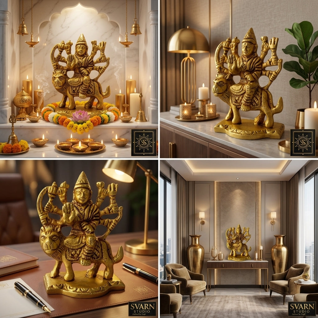 Svarn Studio Brass Goddess Durga Idol Seated on Lion | Eight-Armed Durga Mata Murti with Divine Weapons | Handcrafted Puja Statue | 7.5 cm Height | Home Temple & Gift Decor