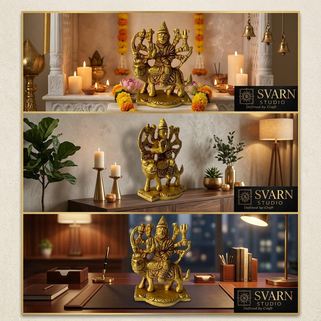 Svarn Studio Brass Goddess Durga Idol Seated on Lion | Eight-Armed Durga Mata Murti with Divine Weapons | Handcrafted Puja Statue | 7.5 cm Height | Home Temple & Gift Decor