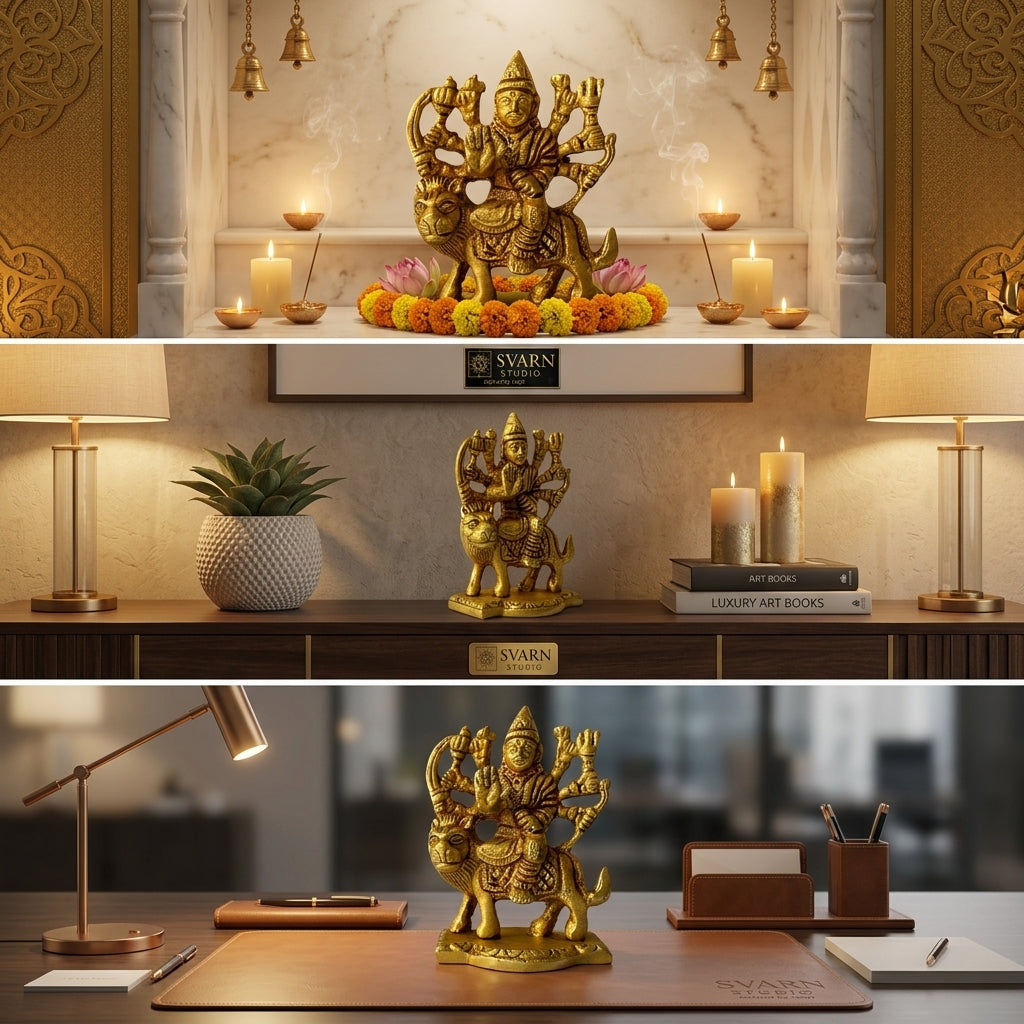 Svarn Studio Brass Goddess Durga Idol Seated on Lion | Eight-Armed Durga Mata Murti with Divine Weapons | Handcrafted Puja Statue | 7.5 cm Height | Home Temple & Gift Decor