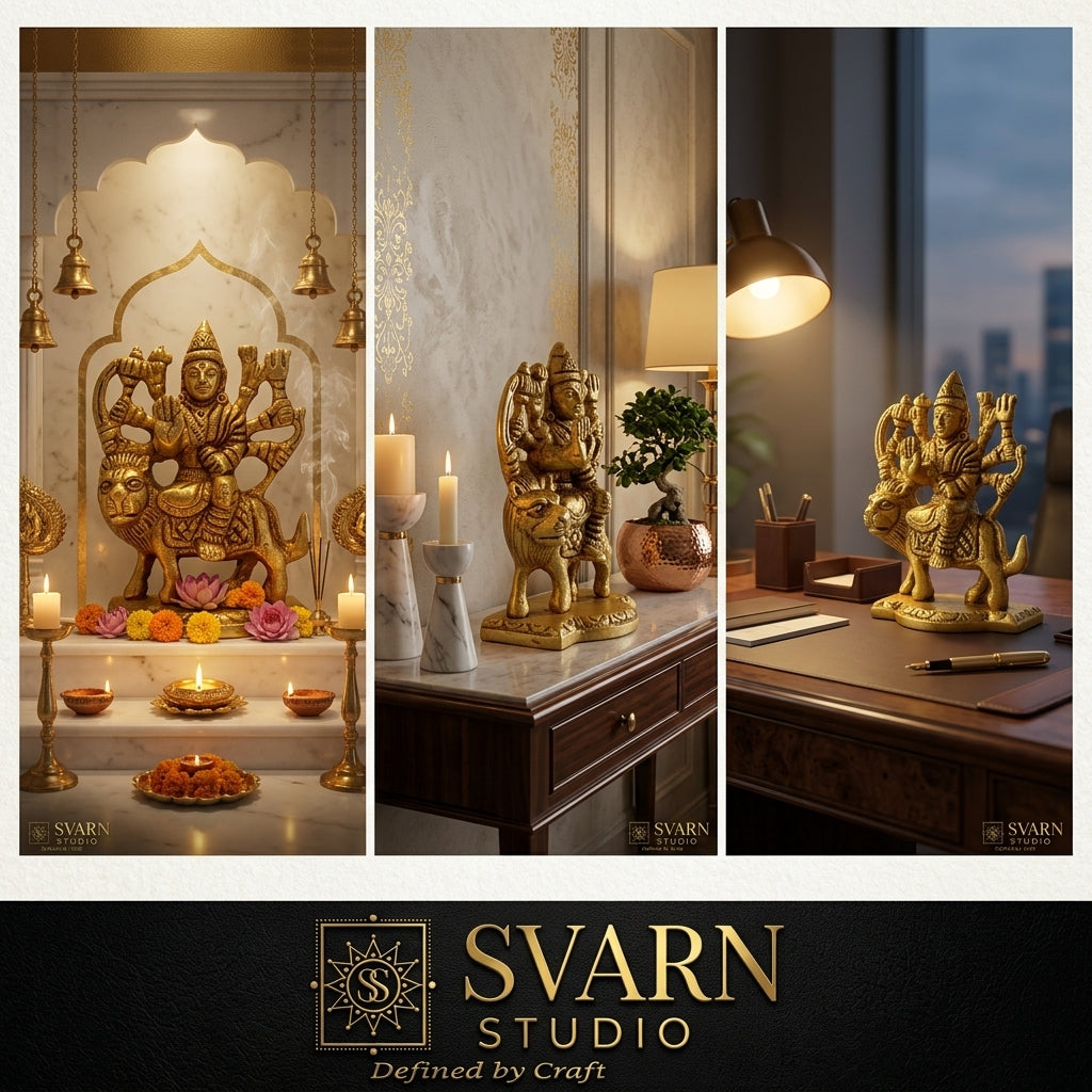 Svarn Studio Brass Goddess Durga Idol Seated on Lion | Eight-Armed Durga Mata Murti with Divine Weapons | Handcrafted Puja Statue | 7.5 cm Height | Home Temple & Gift Decor