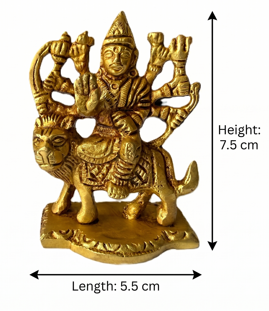 Svarn Studio Brass Goddess Durga Idol Seated on Lion | Eight-Armed Durga Mata Murti with Divine Weapons | Handcrafted Puja Statue | 7.5 cm Height | Home Temple & Gift Decor
