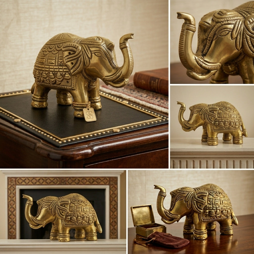 Svarn Studio Brass Elephant Idol Figurine | Handcrafted Antique Gold | Small | 10.5 x 6.5 cm | 580g
