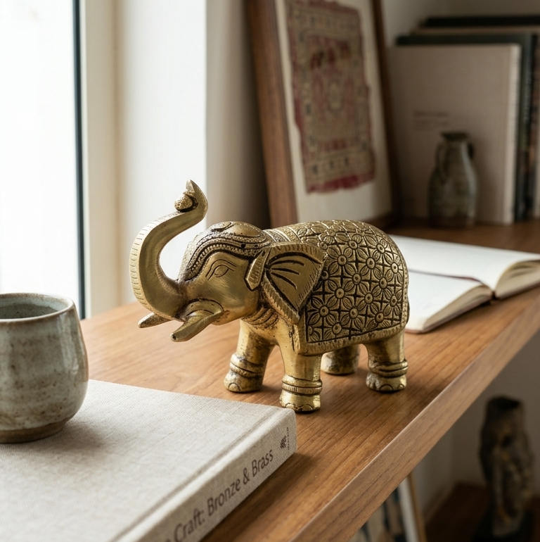Svarn Studio Brass Elephant Idol Figurine | Handcrafted Antique Gold | Medium | 900g