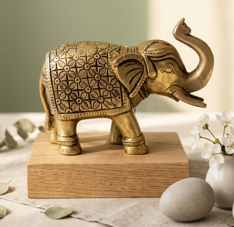 Svarn Studio Brass Elephant Idol Figurine | Handcrafted Antique Gold | Medium | 900g