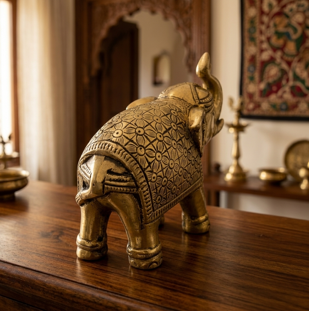 Svarn Studio Brass Elephant Idol Figurine | Handcrafted Antique Gold | Medium | 900g