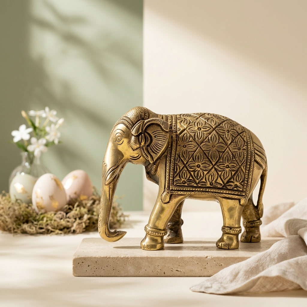 Svarn Studio Brass Elephant Idol Figurine | Handcrafted Antique Gold | Large | 1.08 kg