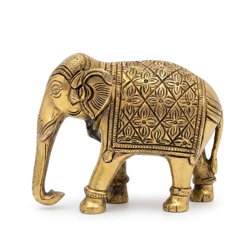 Brass Elephant Idol Figurine | Handcrafted Antique Gold | Large
