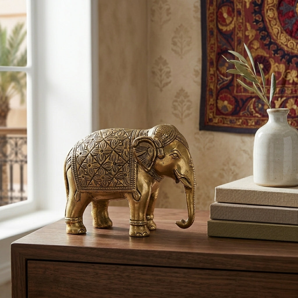 Svarn Studio Brass Elephant Idol Figurine | Handcrafted Antique Gold | Large | 1.08 kg