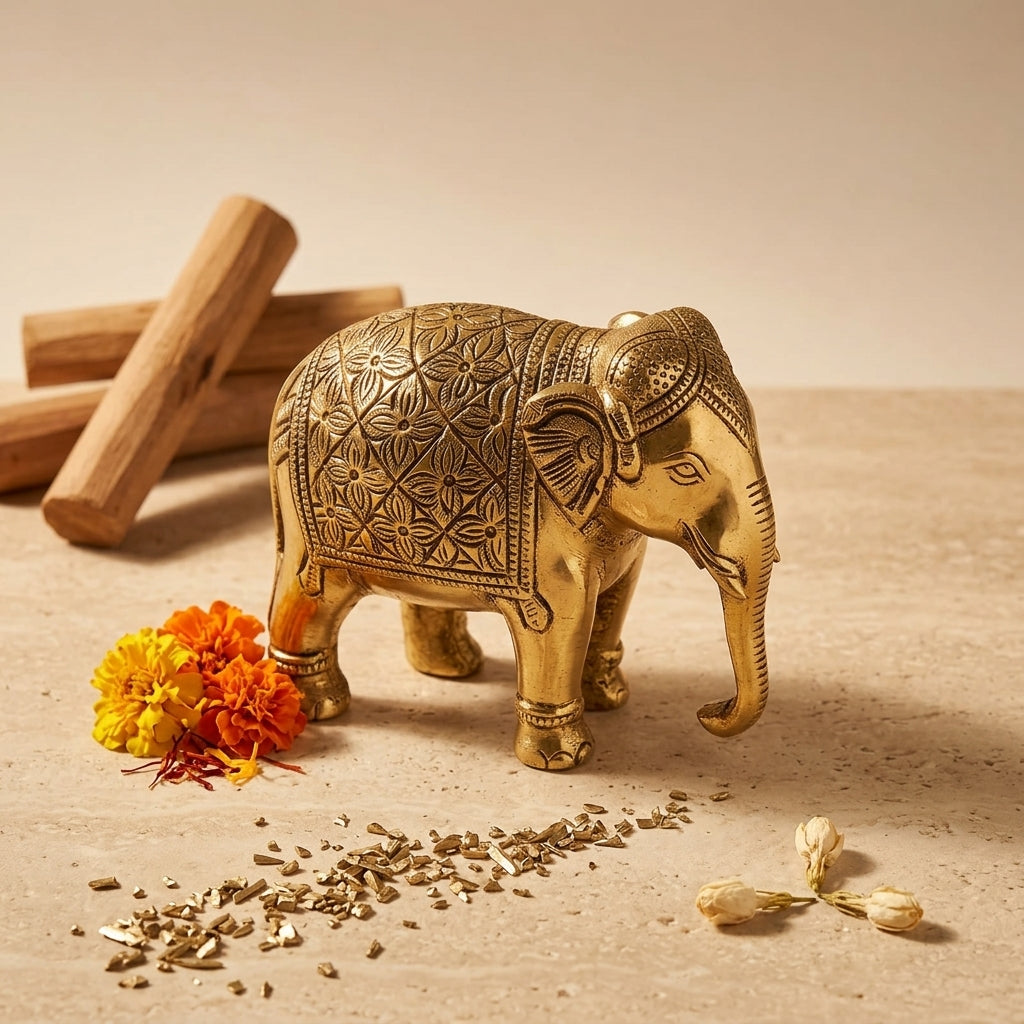 Svarn Studio Brass Elephant Idol Figurine | Handcrafted Antique Gold | Large | 1.08 kg