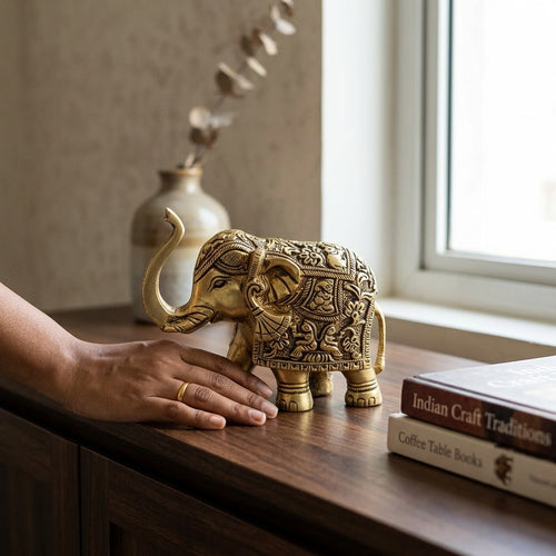 Brass Elephant Idol Figurine | Handcrafted Antique Gold | Extra Large