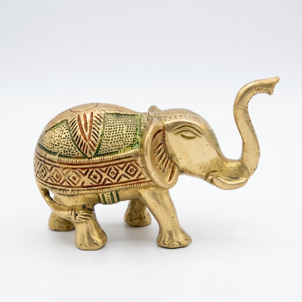 Svarn Studio Brass Elephant Figurine with Meenakari Work | Gold | Trunk Up Showpiece