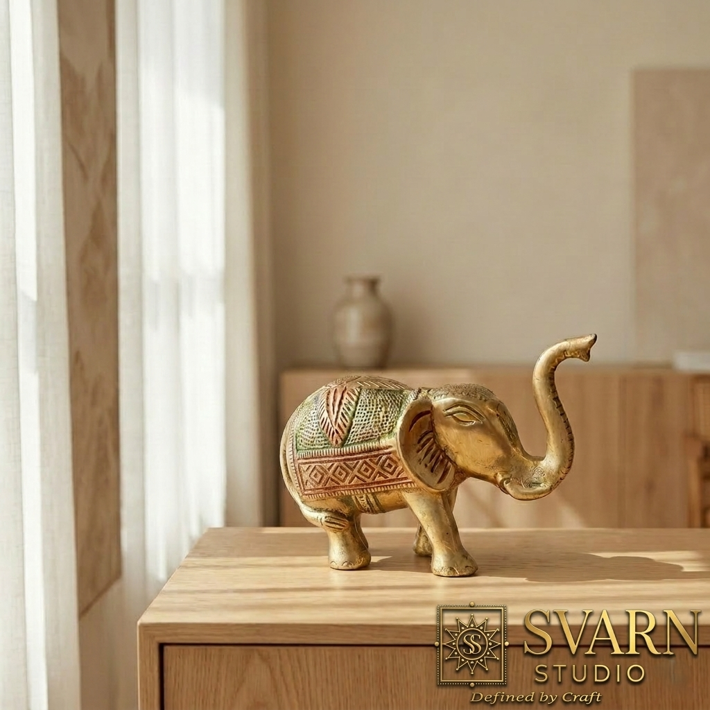 Svarn Studio Brass Elephant Figurine with Meenakari Work | Gold | Trunk Up Showpiece
