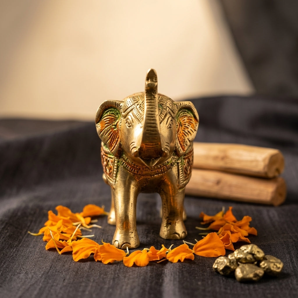 Svarn Studio Brass Elephant Figurine with Meenakari Work | Gold | Trunk Up Showpiece