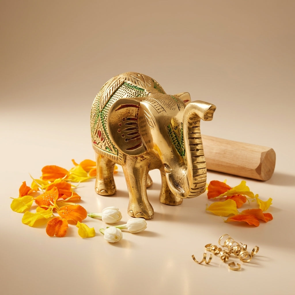 Svarn Studio Brass Elephant Figurine with Meenakari Work | Gold | Trunk Up Showpiece