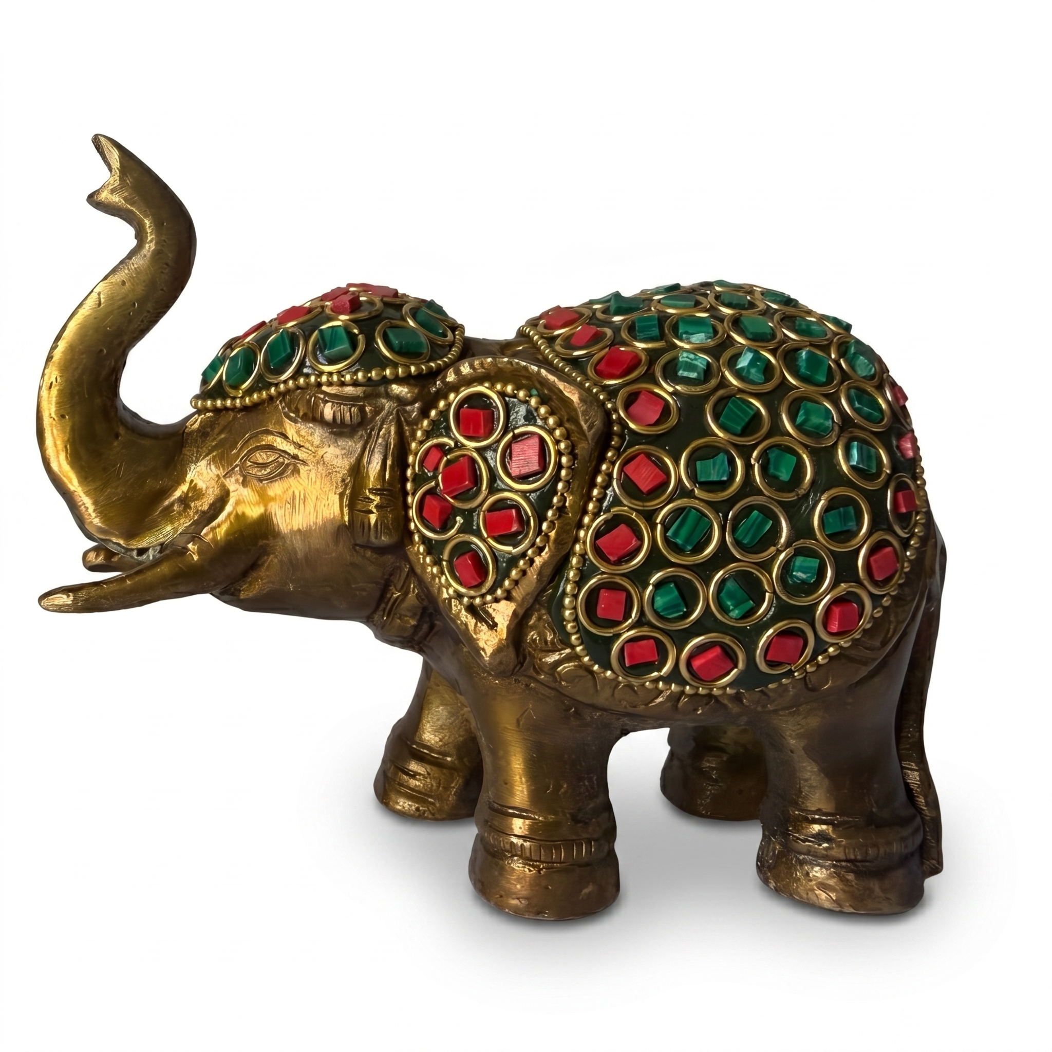 Svarn Studio Brass Elephant Figurine with Stone Inlay Work, Gold, 11 x 13.5 cm, Traditional Indian Style