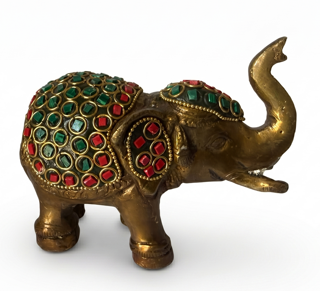 Svarn Studio Brass Elephant Figurine with Stone Inlay Work, Gold, 11 x 13.5 cm, Traditional Indian Style