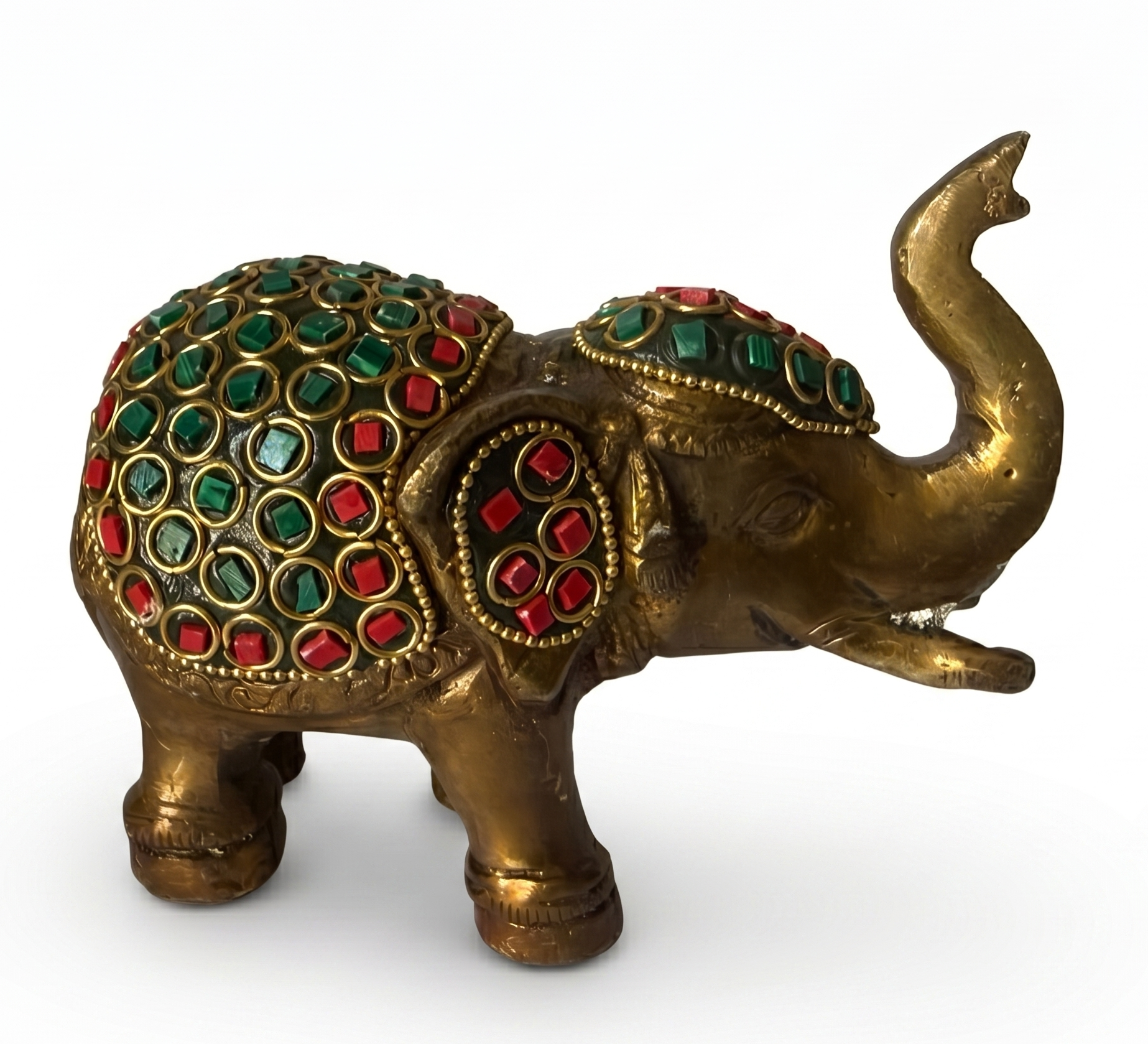 Svarn Studio Brass Elephant Figurine with Stone Inlay Work, Gold, 11 x 13.5 cm, Traditional Indian Style