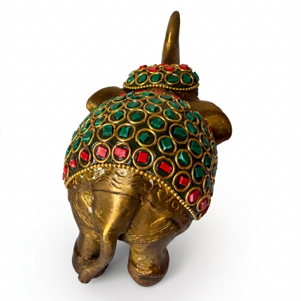 Svarn Studio Brass Elephant Figurine with Stone Inlay Work, Gold, 11 x 13.5 cm, Traditional Indian Style