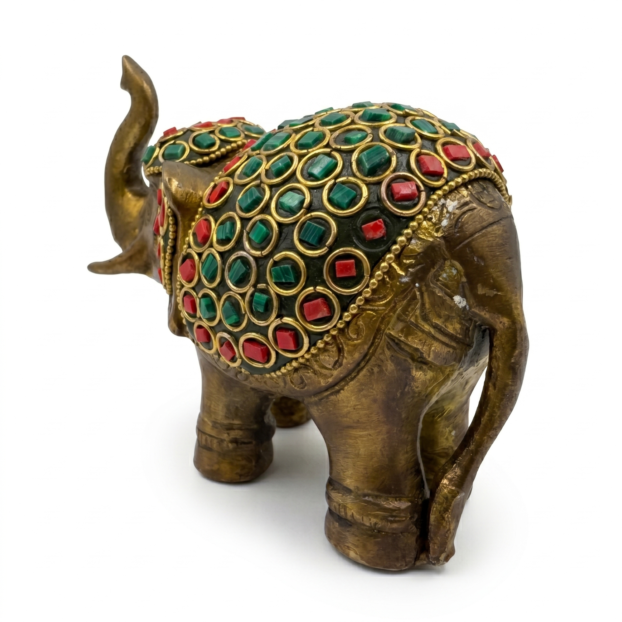 Svarn Studio Brass Elephant Figurine with Stone Inlay Work, Gold, 11 x 13.5 cm, Traditional Indian Style