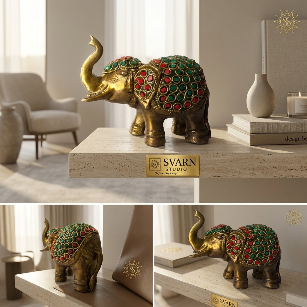 Svarn Studio Brass Elephant Figurine with Stone Inlay Work, Gold, 11 x 13.5 cm, Traditional Indian Style