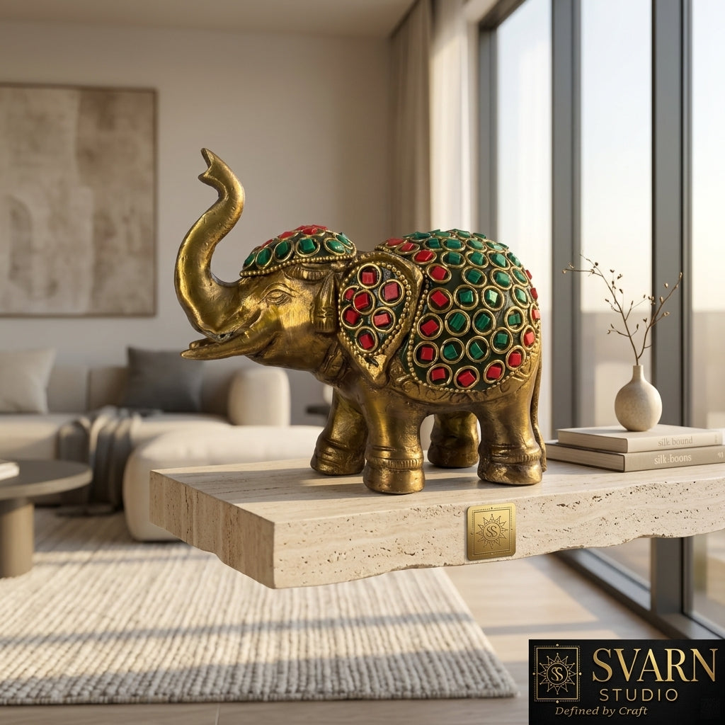 Svarn Studio Brass Elephant Figurine with Stone Inlay Work, Gold, 11 x 13.5 cm, Traditional Indian Style