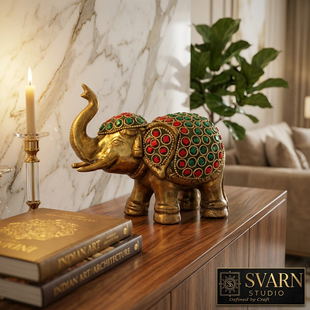 Svarn Studio Brass Elephant Figurine with Stone Inlay Work, Gold, 11 x 13.5 cm, Traditional Indian Style