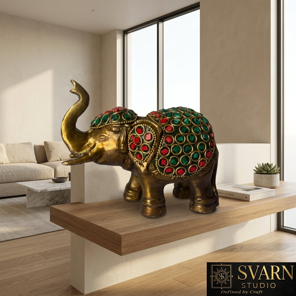 Svarn Studio Brass Elephant Figurine with Stone Inlay Work, Gold, 11 x 13.5 cm, Traditional Indian Style
