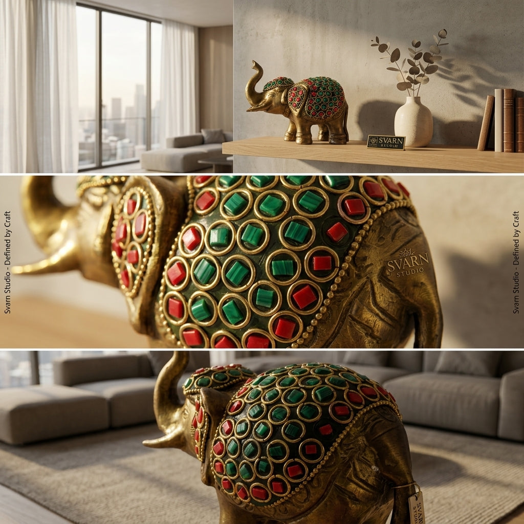 Svarn Studio Brass Elephant Figurine with Stone Inlay Work, Gold, 11 x 13.5 cm, Traditional Indian Style