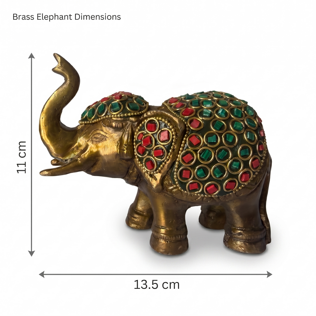 Svarn Studio Brass Elephant Figurine with Stone Inlay Work, Gold, 11 x 13.5 cm, Traditional Indian Style
