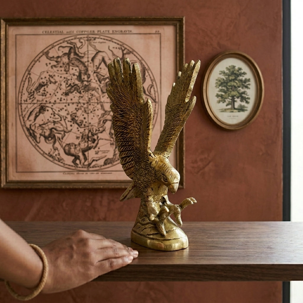 Svarn Studio Brass Eagle Figurine | Landing Pose | Antique Gold | 15 cm