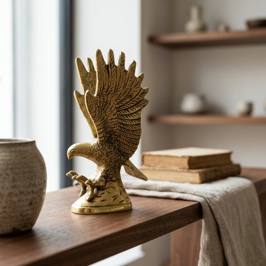 Svarn Studio Brass Eagle Figurine | Landing Pose | Antique Gold | 15 cm